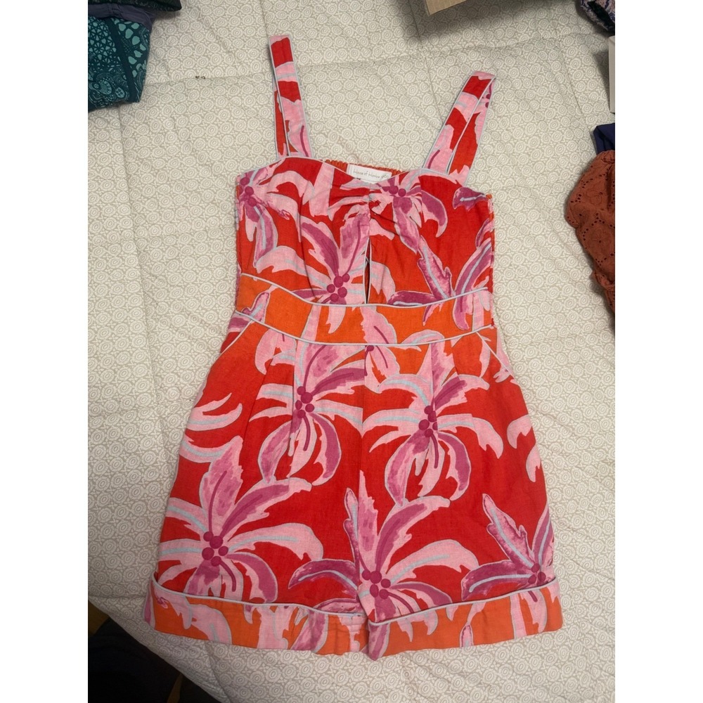 House of Harlow 1960 Red Pink Tropical Floral Smocked Cutout Romper XS